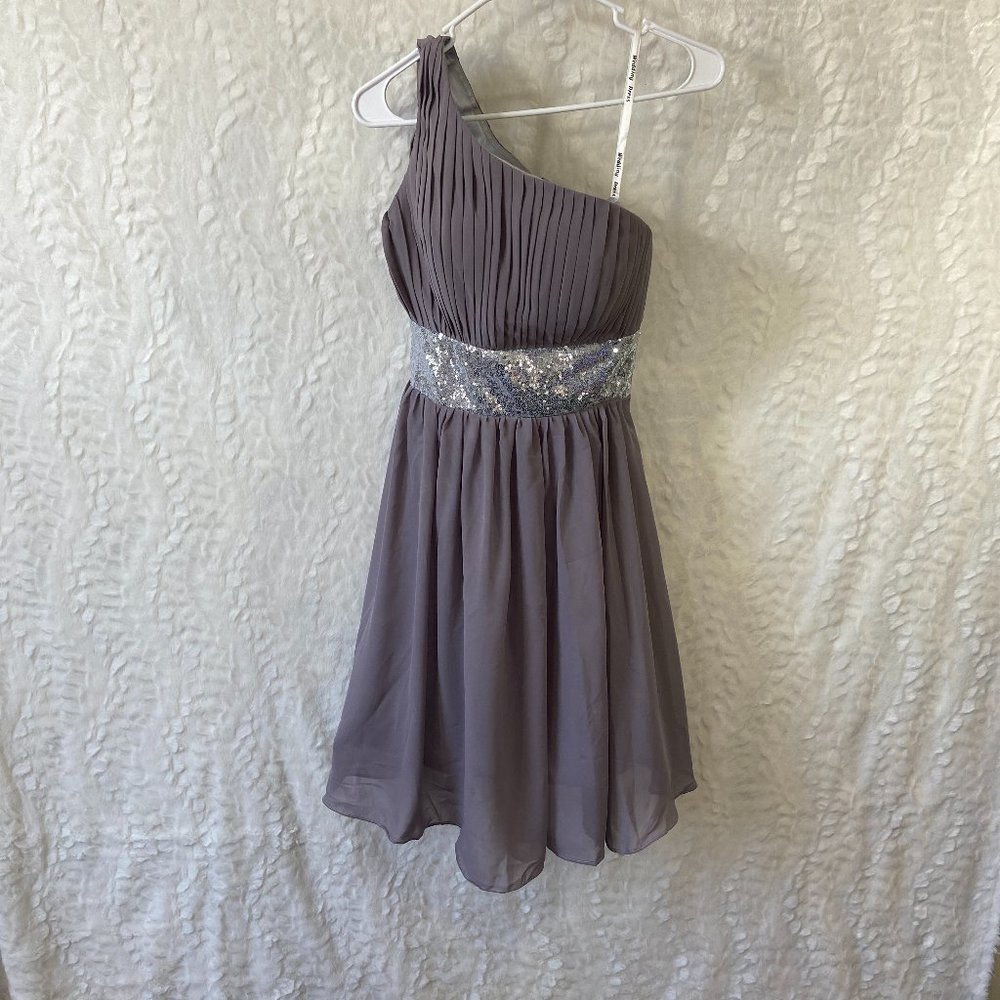 Wedding Prom Cocktail Party Dress Formal one shoulder pleated silver bling waist